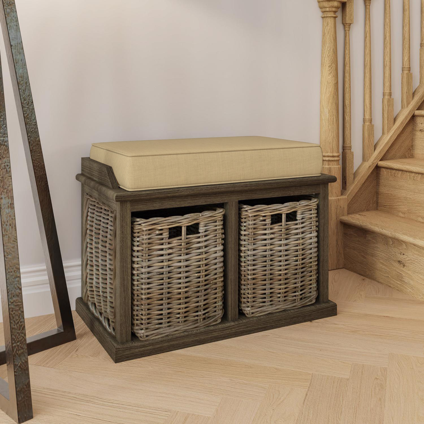 Maya Kubu Rattan Storage Bench with Baskets – Handmade Seat