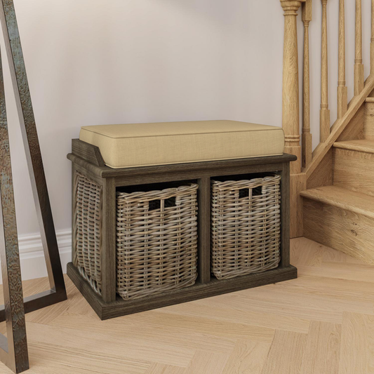 Maya Kubu Rattan Storage Bench with Baskets – Handmade Seat