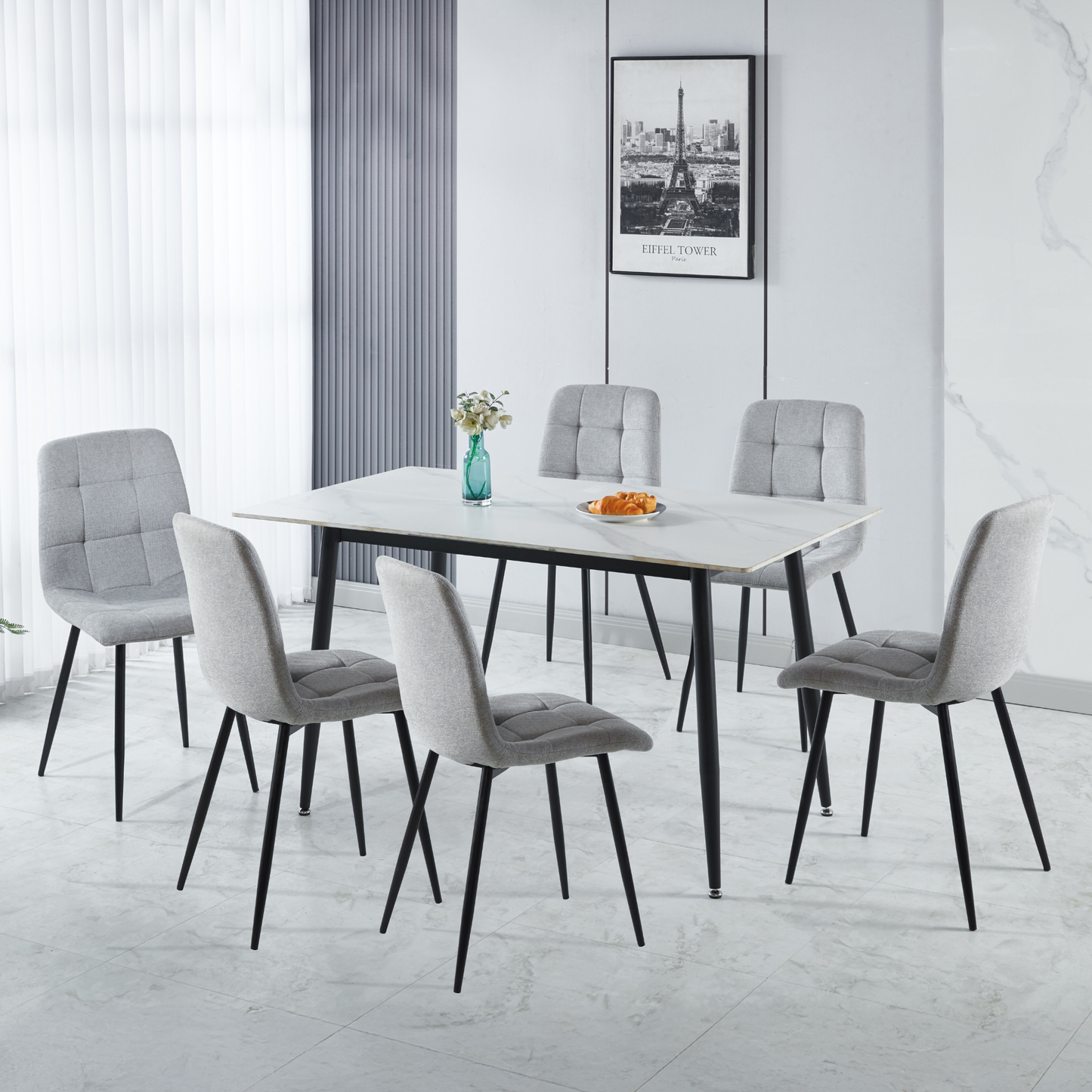 Fenton Dining Set with 6 Chairs - White & Light Grey Fabric