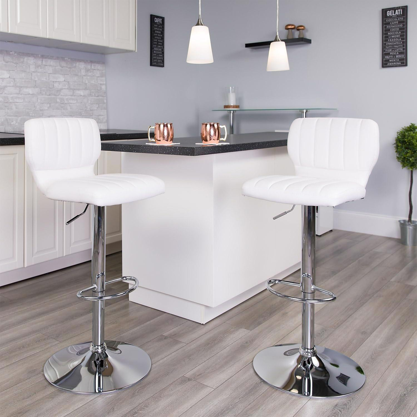 Set of 2 White Faux Leather Rotating Bar Stools – Adjustable Height