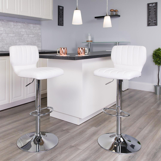 Set of 2 White Faux Leather Rotating Bar Stools – Adjustable Height