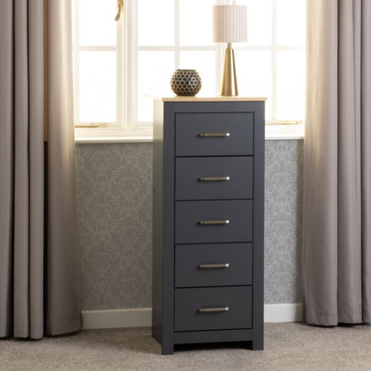 Portland 5 Drawer Narrow Chest - Grey/Oak Effect