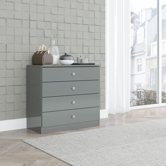 Denver 4 Drawer Chest – Grey Gloss, Stylish Bedroom Storage