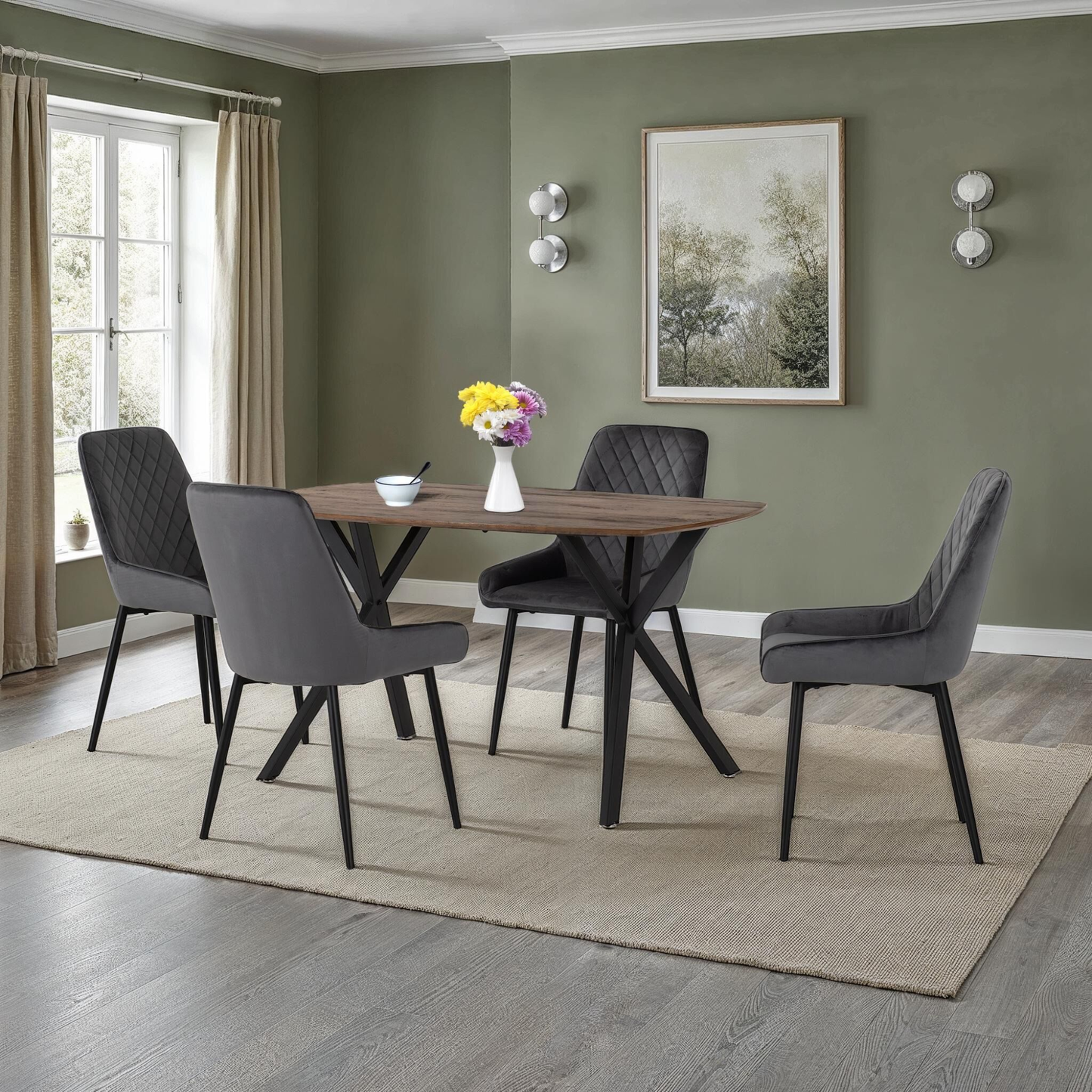 Athens Dining Set with 4 Avery Chairs - Oak & Grey Velvet