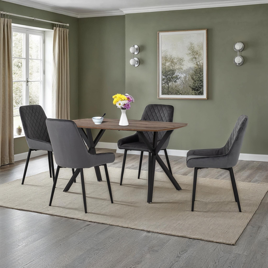 Athens Dining Set with 4 Avery Chairs - Oak & Grey Velvet