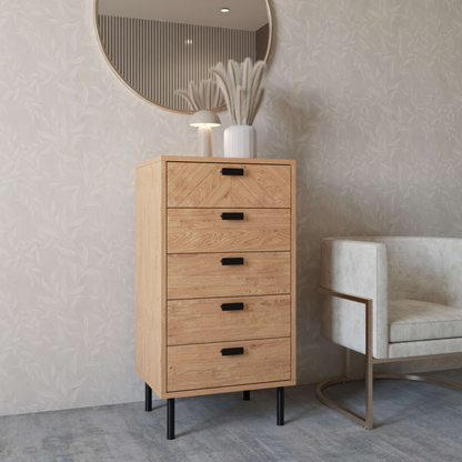 Leon 5 Drawer Narrow Chest – Medium Oak Effect, Vertical Storage Solution