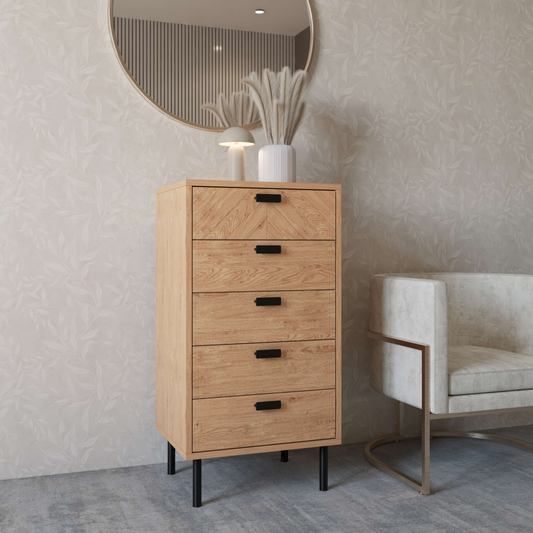 Leon 5 Drawer Narrow Chest – Medium Oak Effect, Vertical Storage Solution