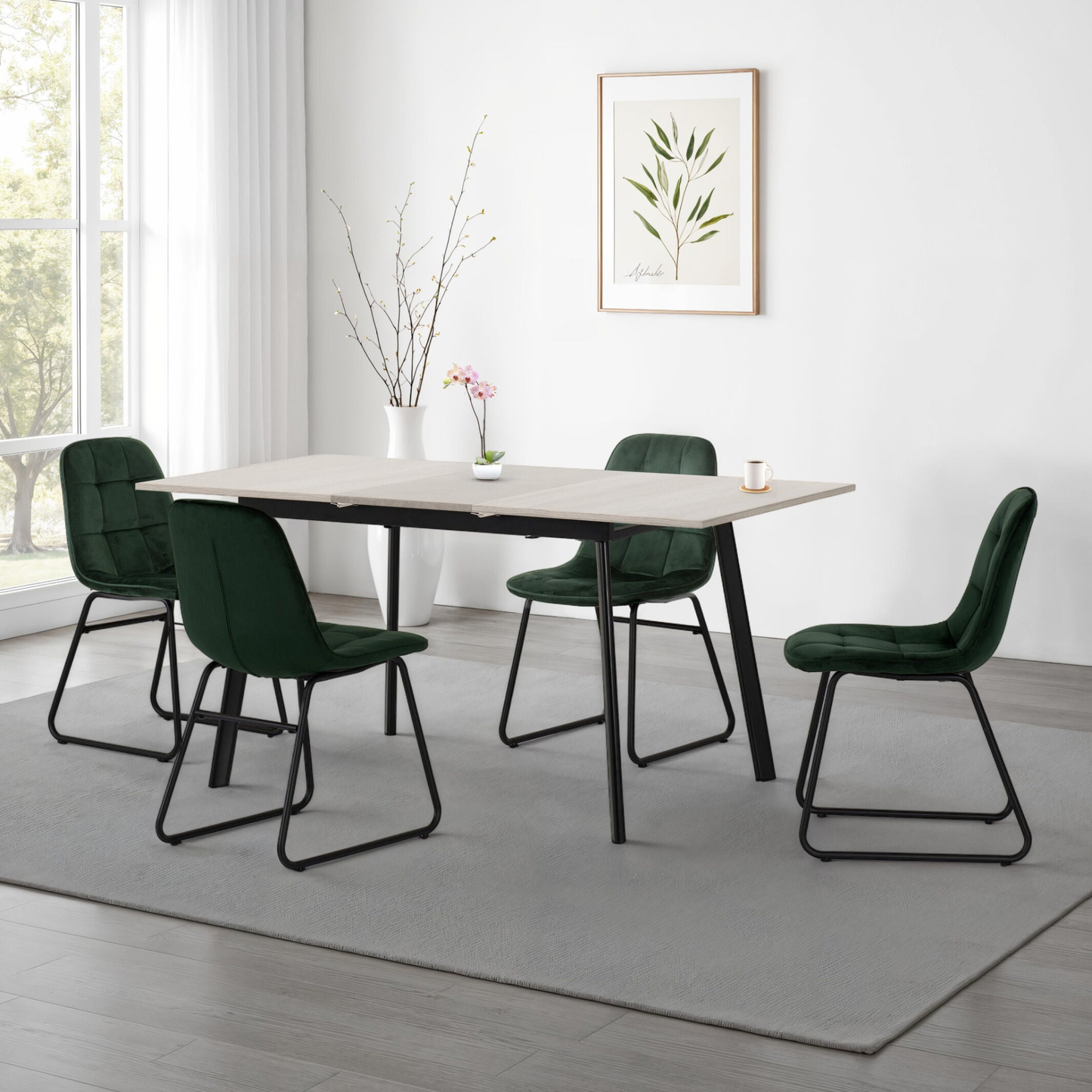 Avery & Lukas Extending Dining Set with 4 Chairs - Concrete & Emerald Green Velvet