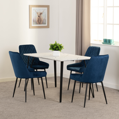 Marlow & Avery Dining Set - White Marble/Sapphire Blue Velvet