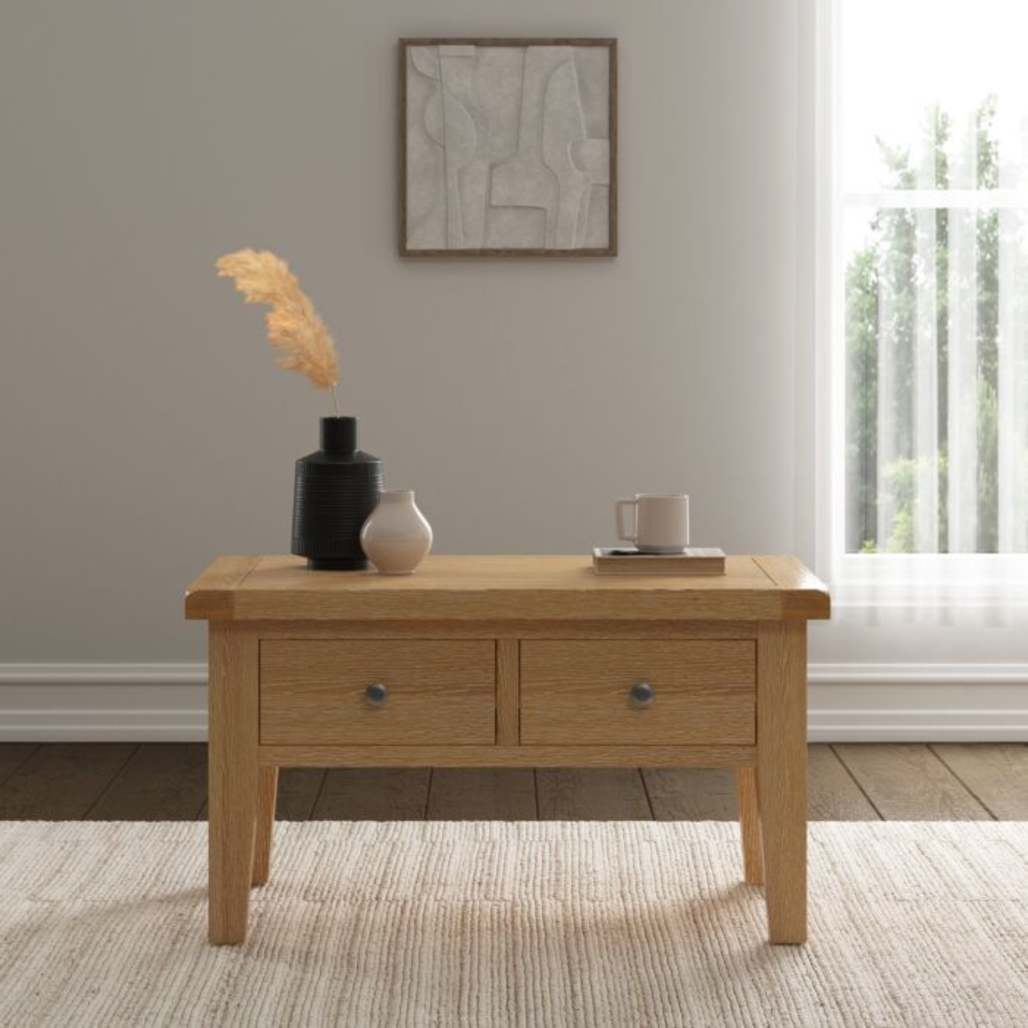 Windsor 2 Drawer Coffee Table - Natural Oak, Classic Design