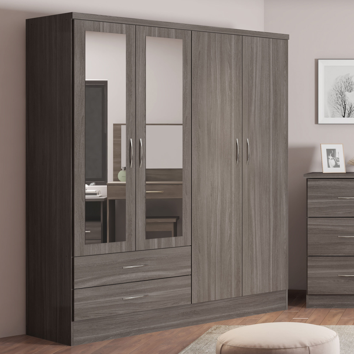 Nevada 4 Door 2 Drawer  Mirrored  Wardrobe - Black Wood Grain