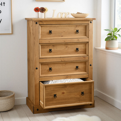 Corona 4 Drawer Chest – Distressed Waxed Pine, Rustic Storage