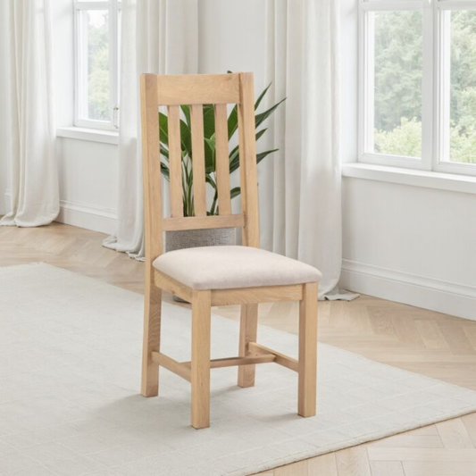 Windsor Slatted Dining Chair Set - Natural Oak/Oat Fabric (Pair)