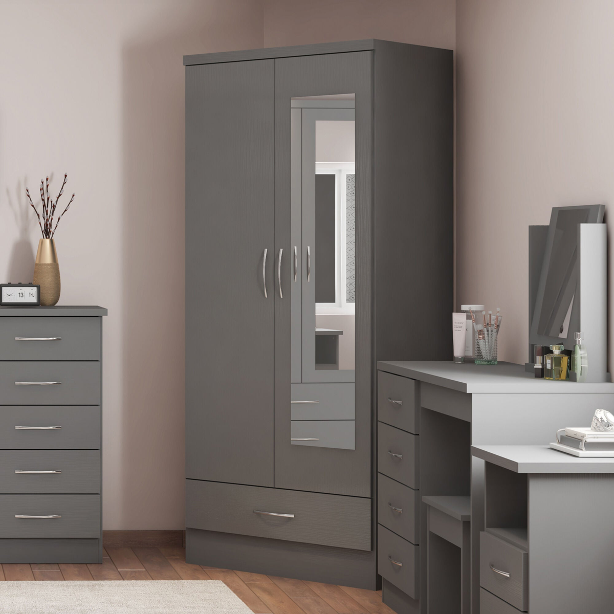 Nevada Mirrored 2 Door Wardrobe - 3D Effect Grey