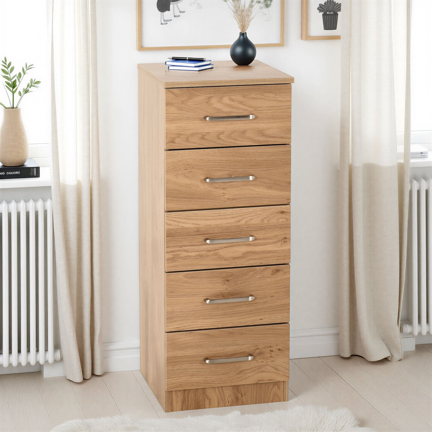 Dakota 5 Drawer Narrow Chest – Oak Effect, Compact Bedroom Storage