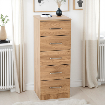 Dakota 5 Drawer Narrow Chest – Oak Effect, Compact Bedroom Storage