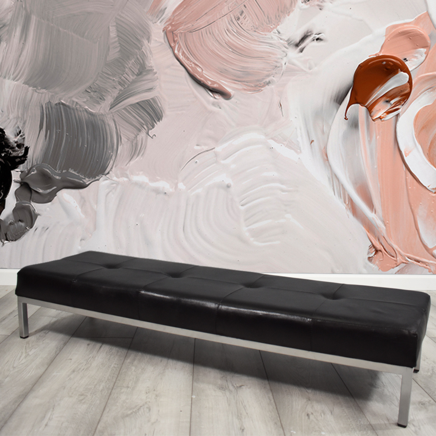 Artisan Black Leather Stool with Silver Iron Frame – Modern Bench