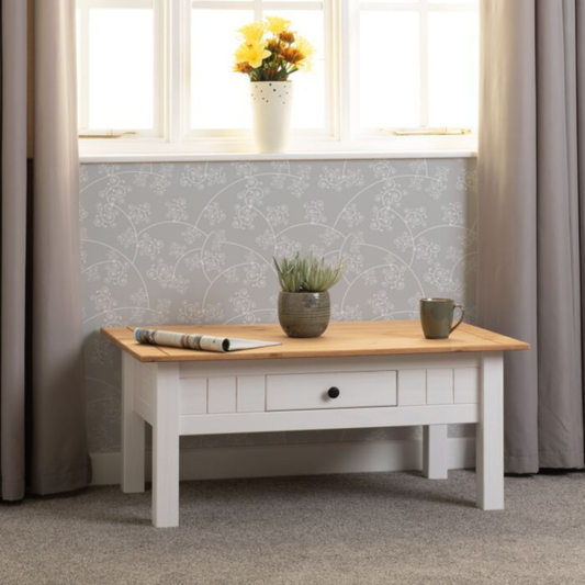 Panama 1 Drawer Coffee Table - White & Natural Wax, Rustic Style