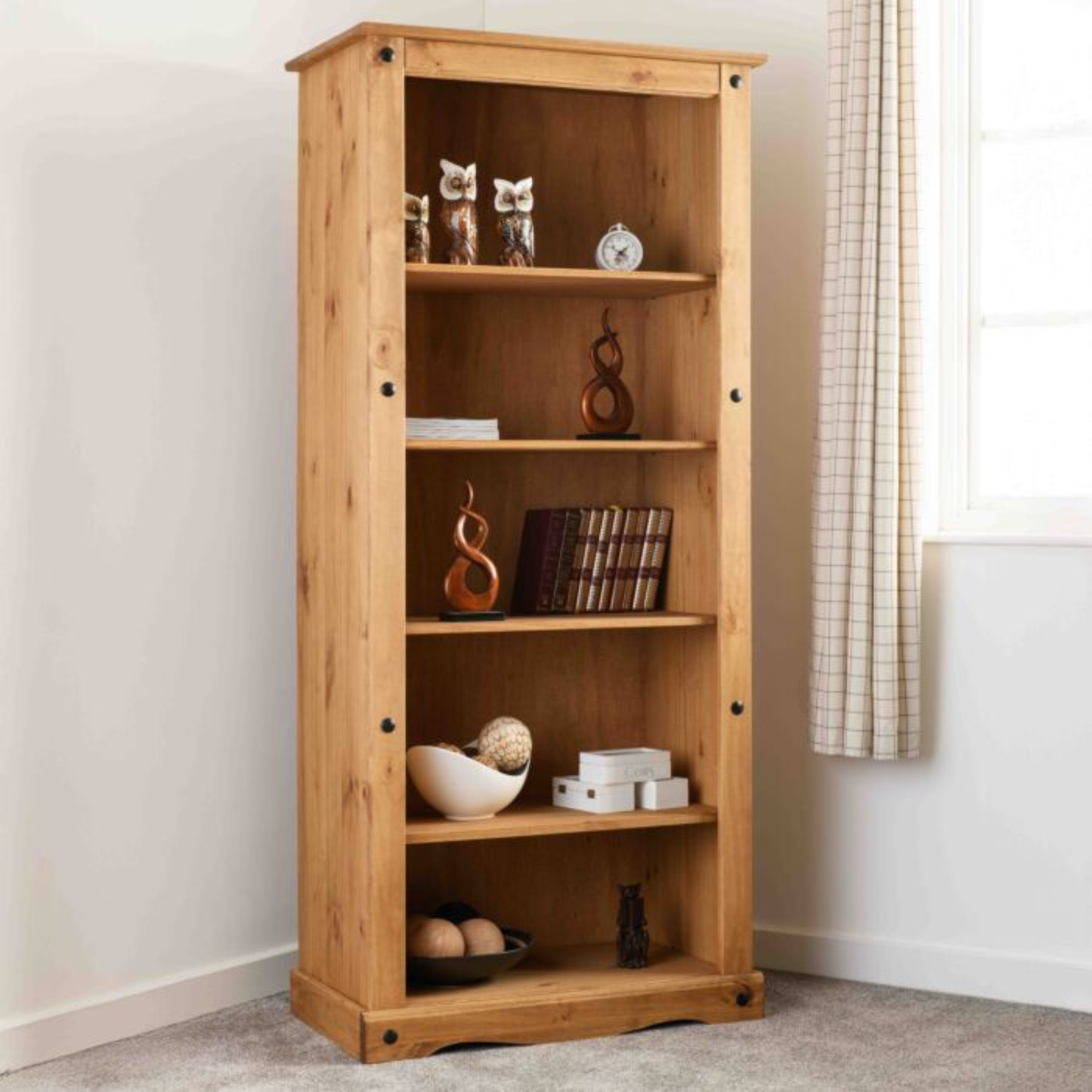 Corona Tall Bookcase – Distressed Waxed Pine Storage Shelving Unit