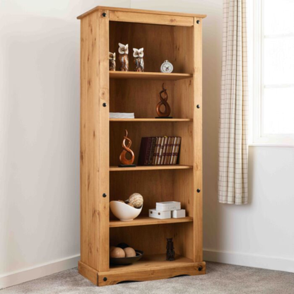 Corona Tall Bookcase – Distressed Waxed Pine Storage Shelving Unit