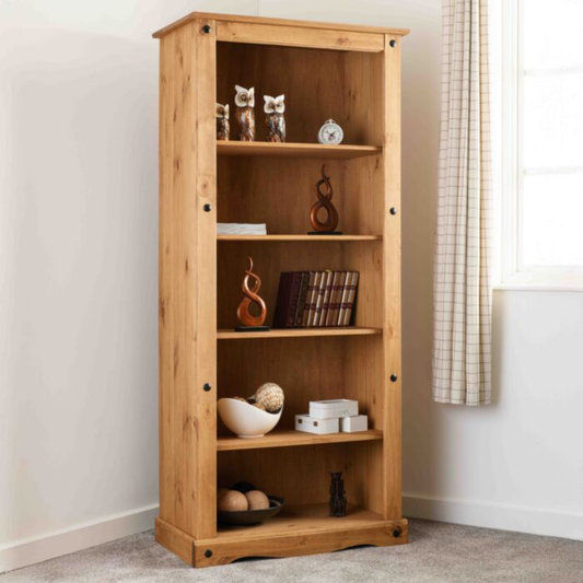 Corona Tall Bookcase – Distressed Waxed Pine Storage Shelving Unit