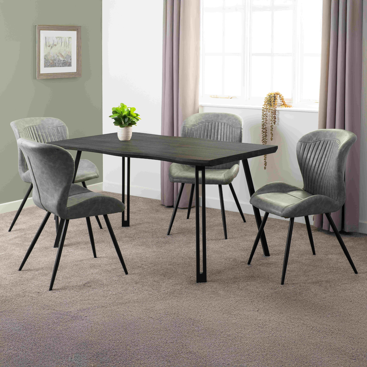 Quebec Wave Edge Dining Set - Black Wood Grain/Grey Faux Leather