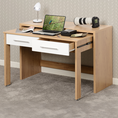 Seville 2 Drawer Slider Desk - White Gloss/Light Oak Effect Veneer