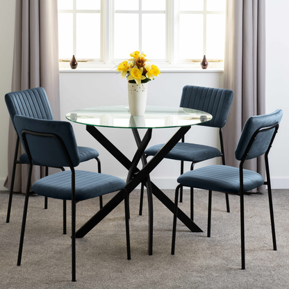 Sheldon Round Glass Dining Set - Clear Glass/Navy Blue Velvet