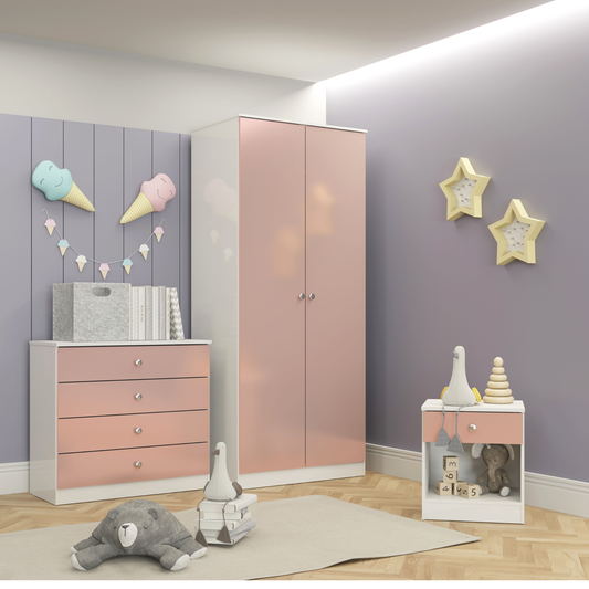 Denver Trio Set White/Pink Gloss Wardrobe Chest & Bedside