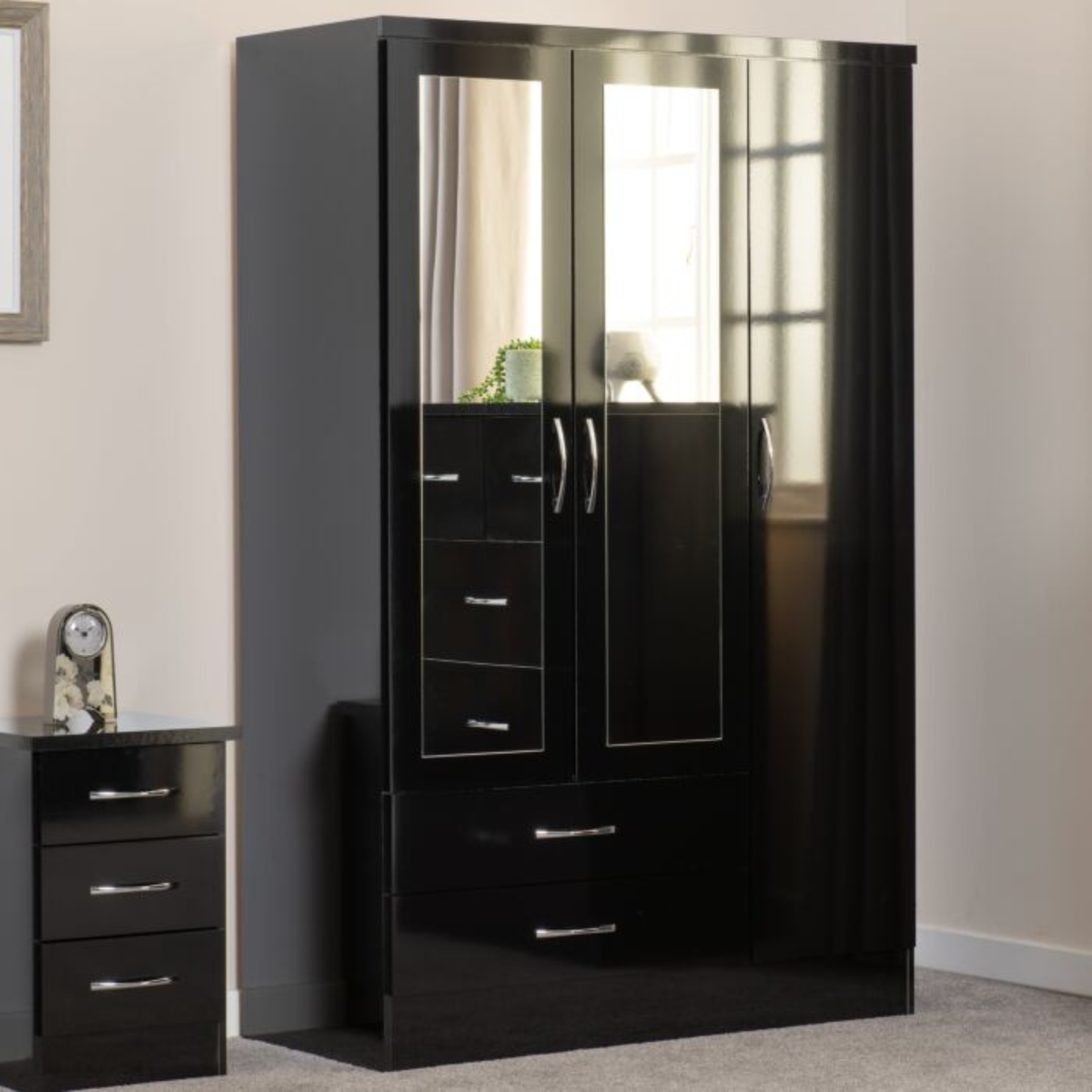 Nevada 3-Door 2-Drawer Wardrobe with Mirror – Black Gloss
