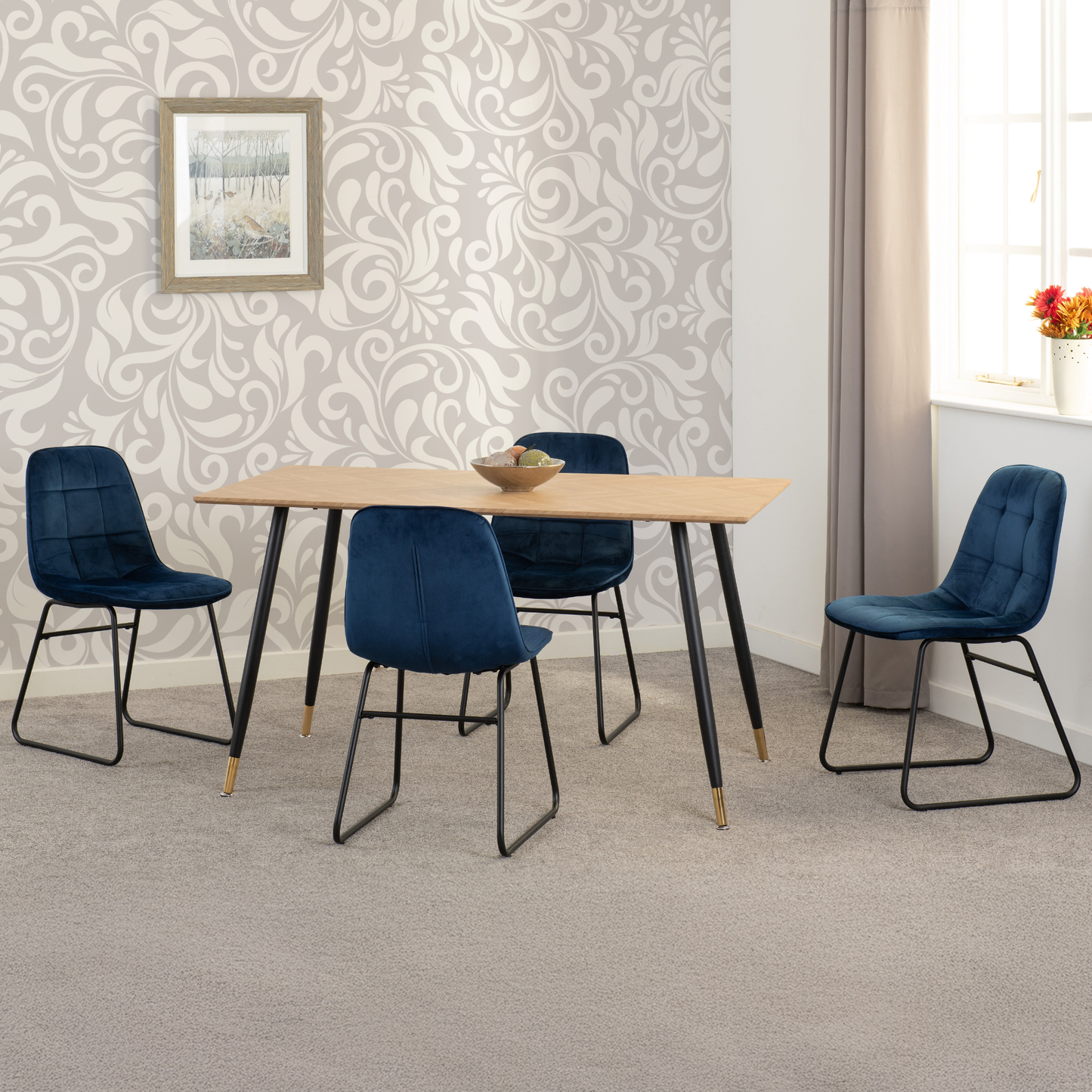 Hamilton & Lukas Medium Dining Set (4 Chairs) - Oak/Sapphire Blue Velvet