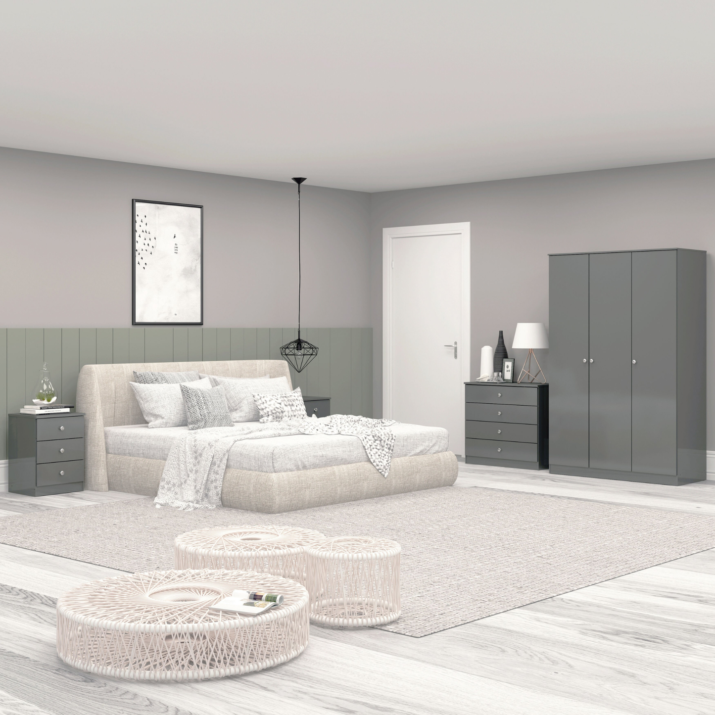 Denver 3 Door Wardrobe Bedroom Set Grey Gloss