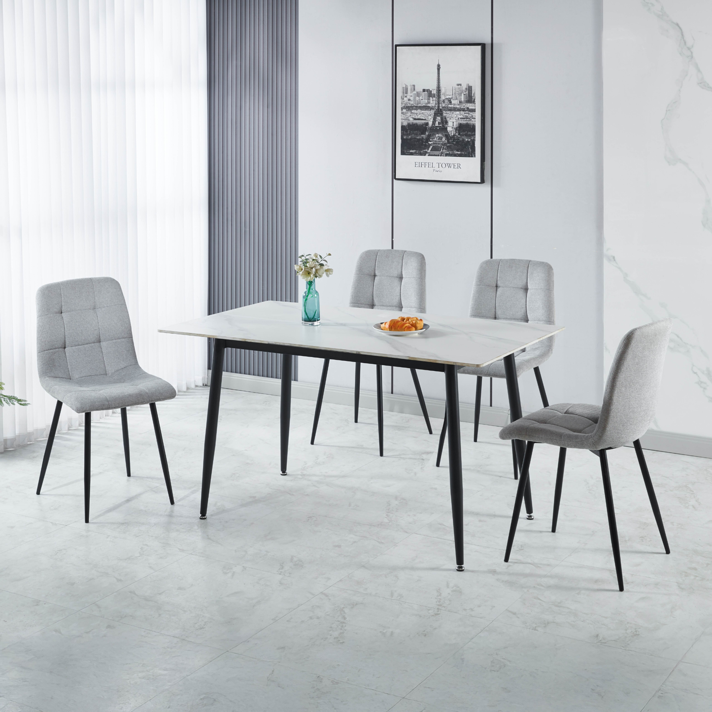 Fenton Dining Set with 4 Chairs - White & Light Grey Fabric