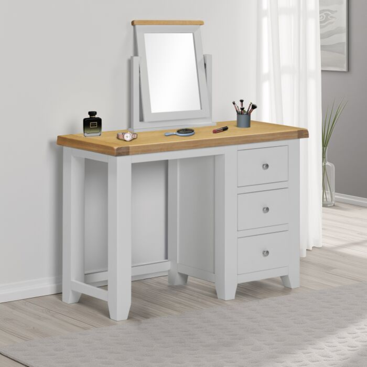 Windsor 3 Drawer Dressing Table & Mirror – Pebble Grey and Oak