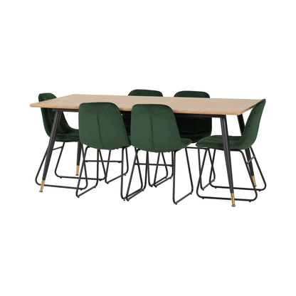 Hamilton & Lukas Large Dining Set (6 Chairs) - Oak/Emerald Green Velvet