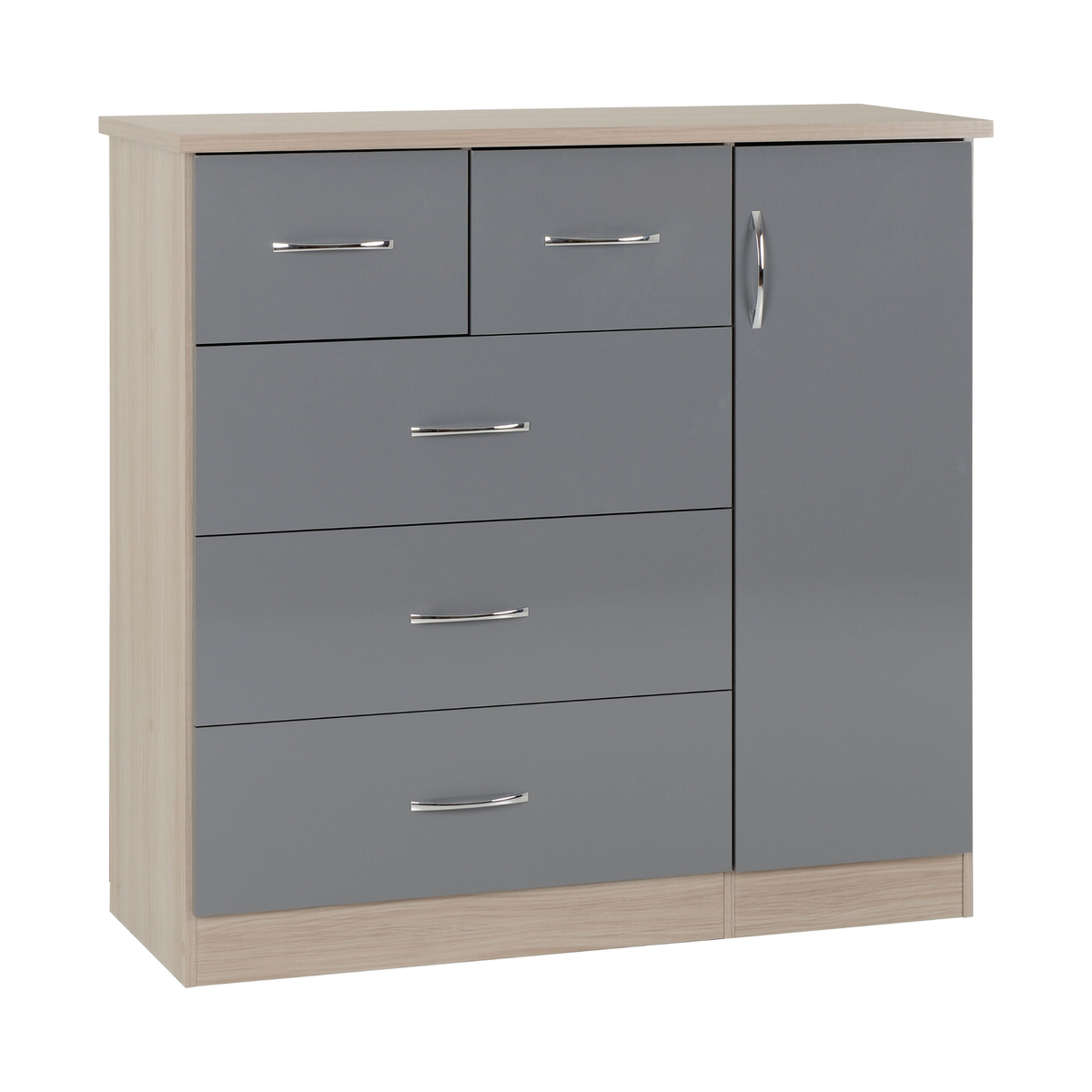 Nevada 5 Drawer Low Wardrobe - Grey Gloss/Light Oak