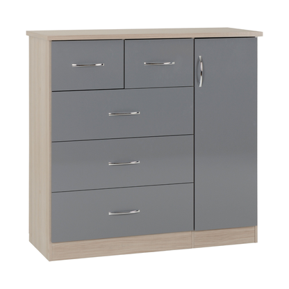Nevada 5 Drawer Low Wardrobe - Grey Gloss/Light Oak