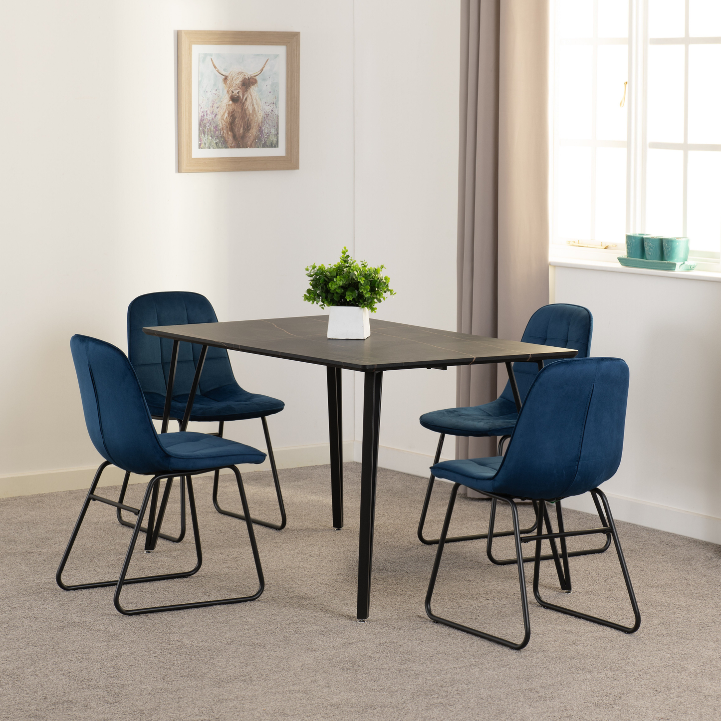 Marlow & Lukas Dining Set - Black Marble/Sapphire Blue Velvet
