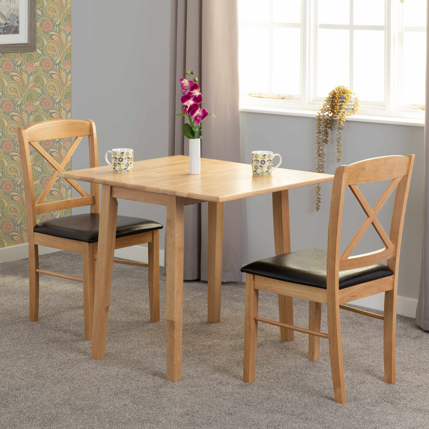 Mason Drop Leaf Dining Set - Oak Varnish/Brown Faux Leather (2 Chairs)