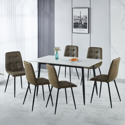 Fenton Dining Set with 6 Chairs - White & Olive Green Suede Fabric