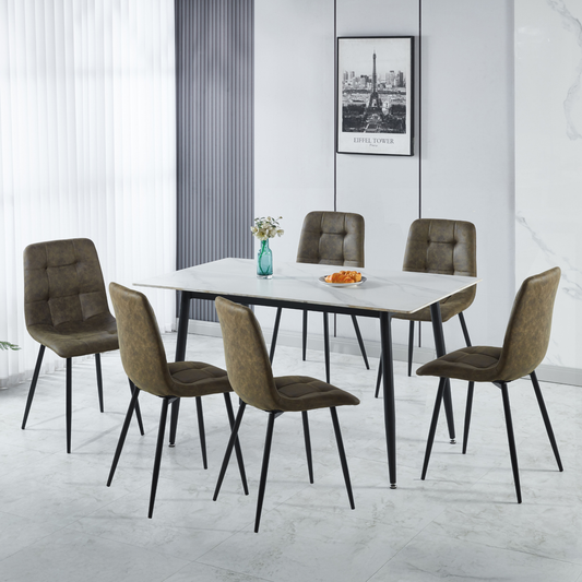 Fenton Dining Set with 6 Chairs - White & Olive Green Suede Fabric