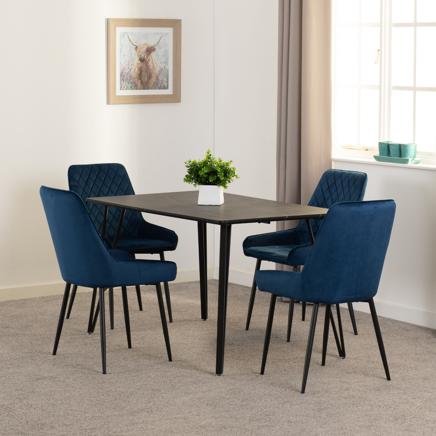Marlow & Avery Dining Set - Black Marble/Sapphire Blue Velvet (4 Chairs)