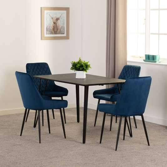 Marlow & Avery Dining Set - Black Marble/Sapphire Blue Velvet (4 Chairs)