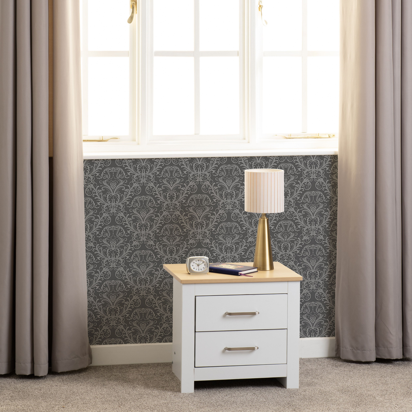 Portland 2 Drawer Bedside – White/Oak Effect Storage
