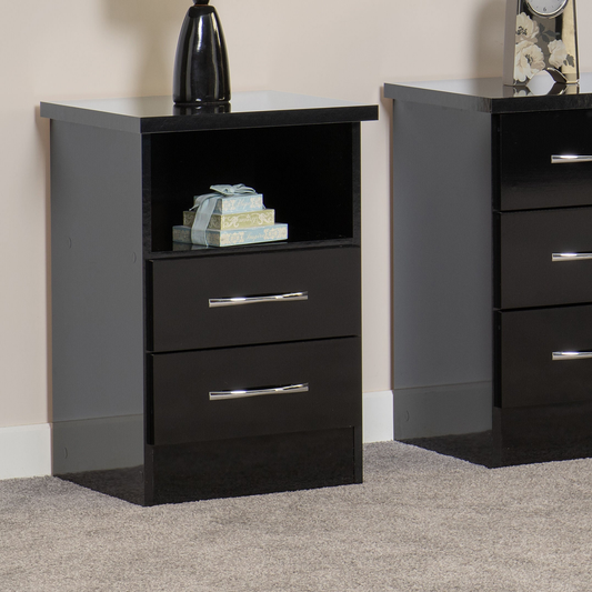 Nevada 2 Drawer Bedside – Black Gloss Storage