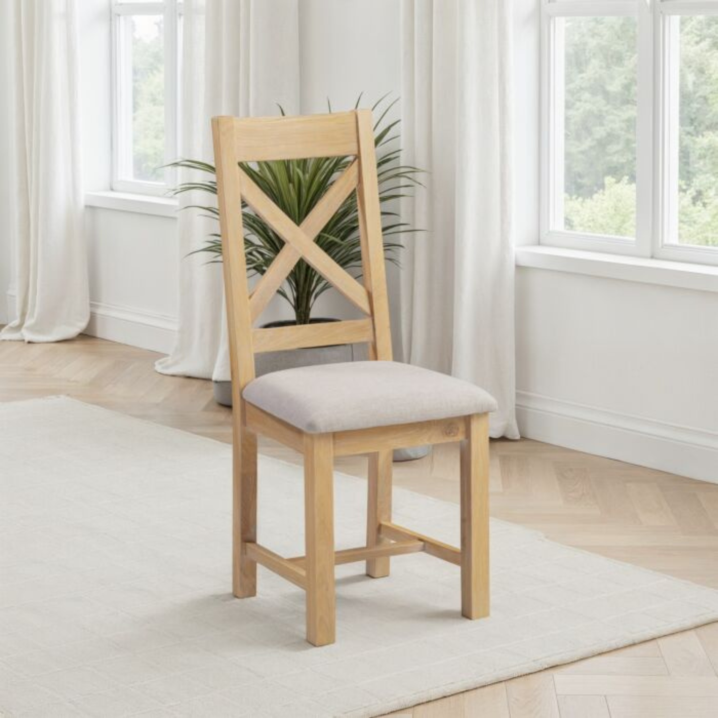 Windsor Cross Back Dining Chair Set - Natural Oak/Oat Fabric (Pair)