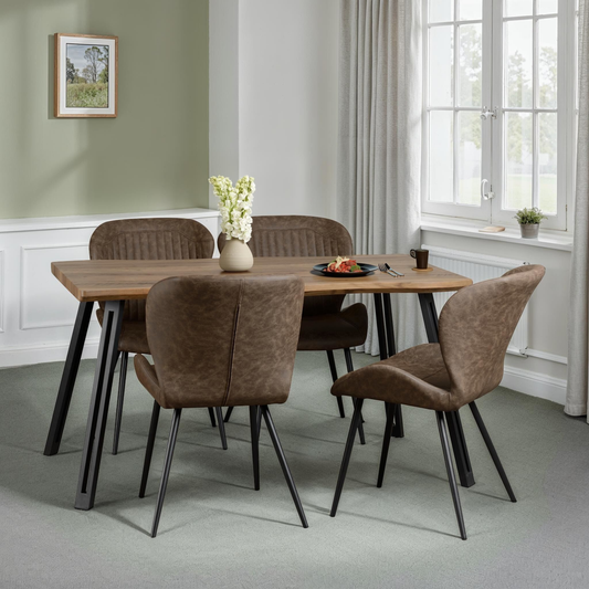 Quebec Wave Edge Dining Set - Oak Effect/Brown Faux Leather