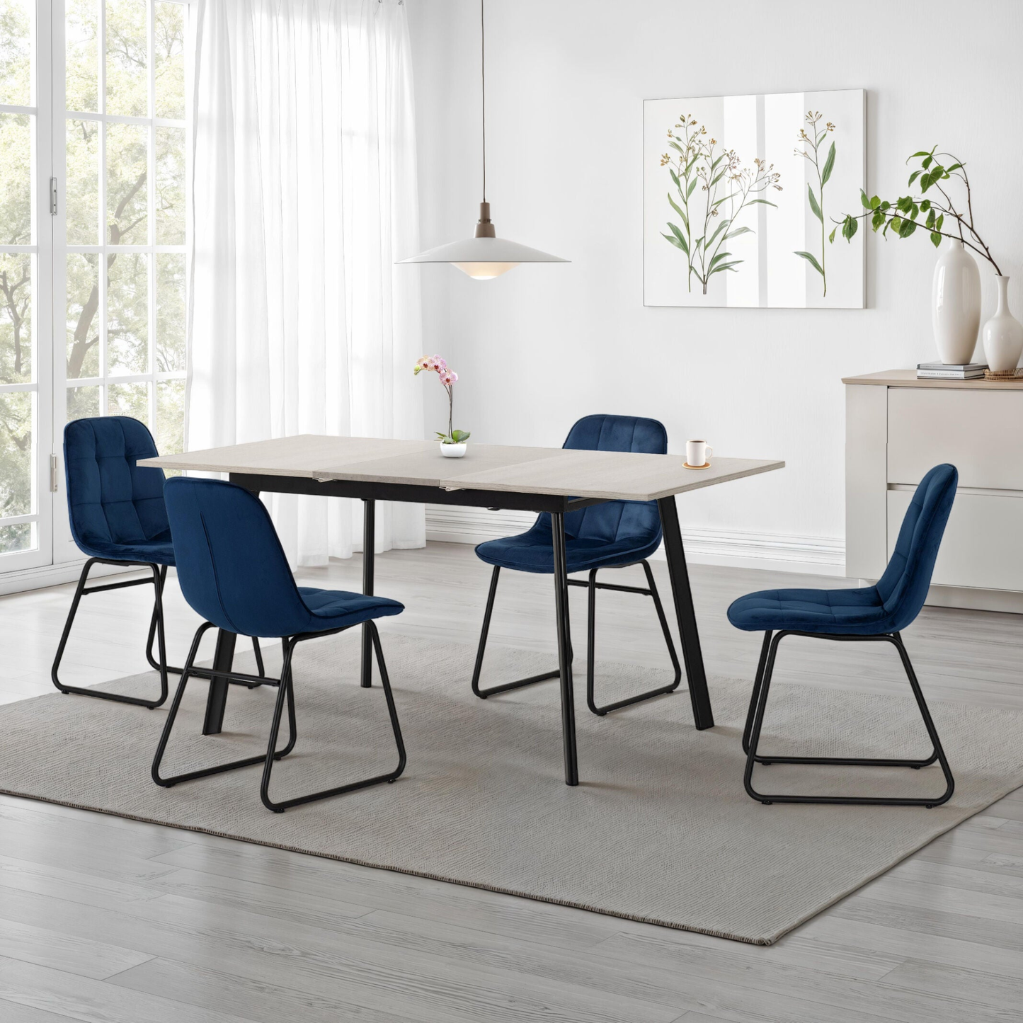 Avery & Lukas Extending Dining Set with 4 Chairs - Concrete & Sapphire Blue Velvet