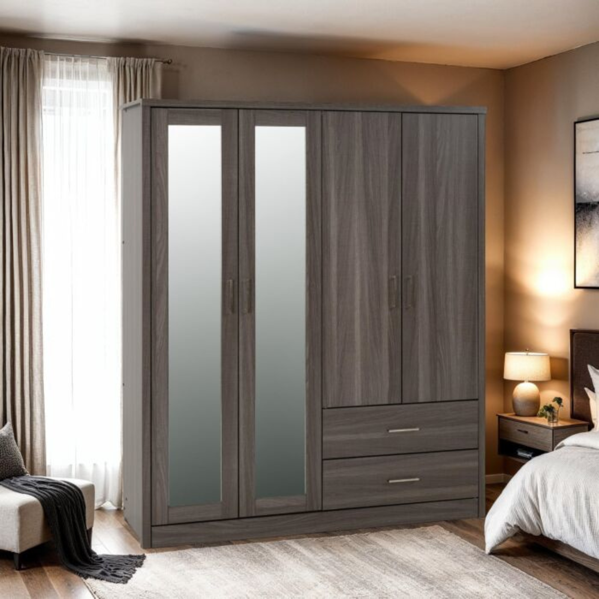 Lisbon 4 Door Wardrobe – Black Wood Grain with Mirrors