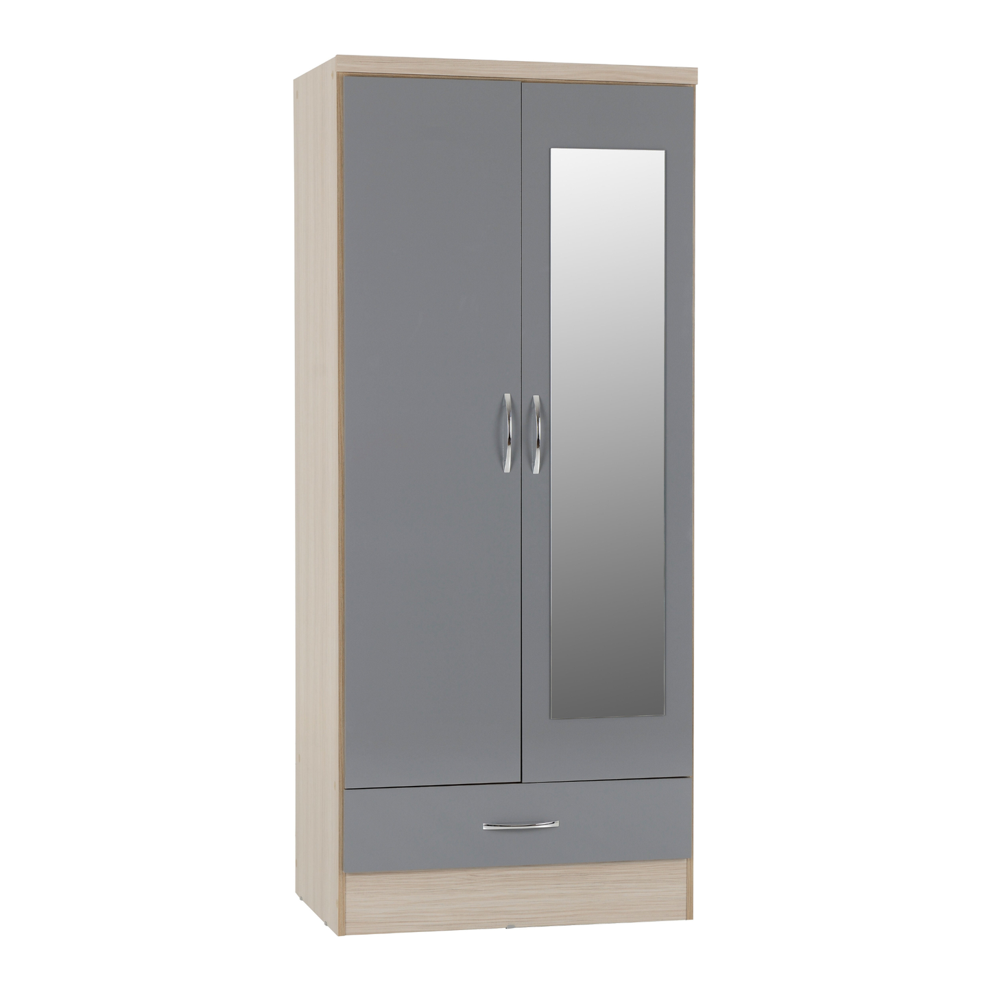 Nevada Mirrored 2 Door Wardrobe - Grey Gloss/Light Oak
